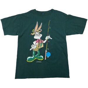 Vintage 90s Bugs Bunny Tasmanian Devil Fishing Shirt Single Stitch Short Sleeve